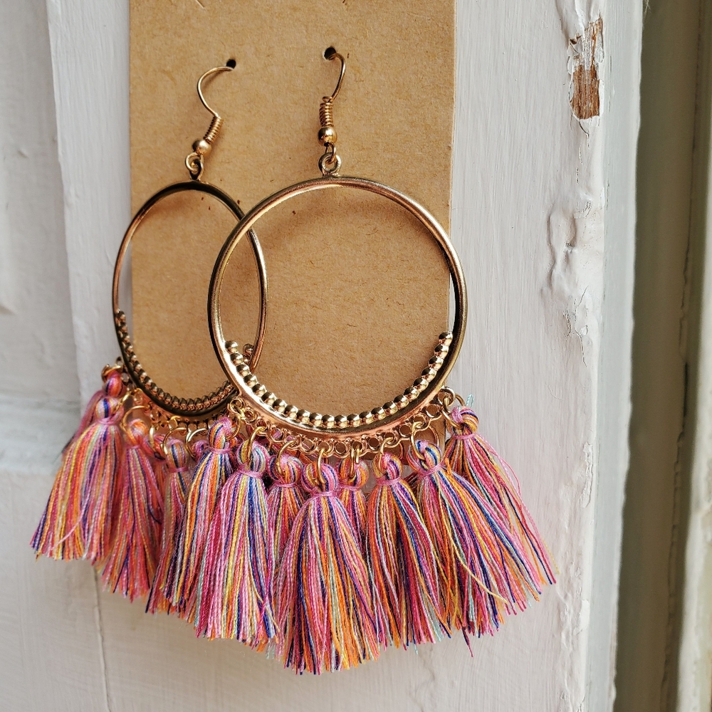 Rainbow Fringe Tassel Drop Gold Hoop Earrings